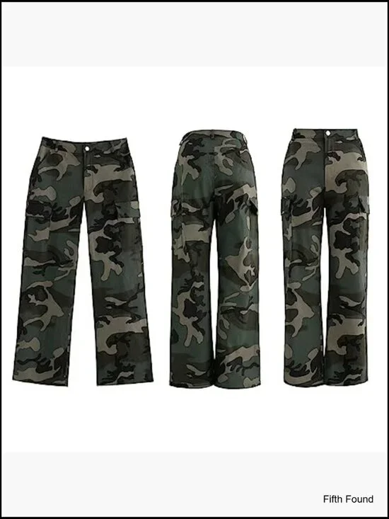 High Waist Camo Cargo Pants Slim Fit Elastic Trousers with Pockets - Picture 5 of 7